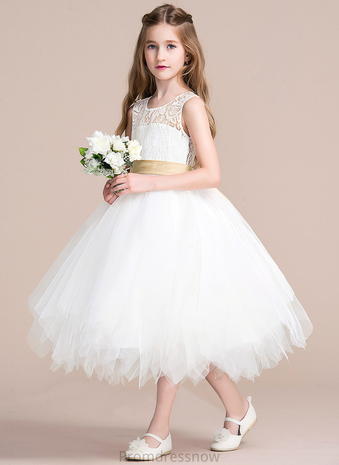 Tulle/Lace Virginia Dress With sash) Sleeveless Girl Tea-length (Detachable Hole Flower Girl Dresses Sash/Back A-Line - Scoop Flower Neck