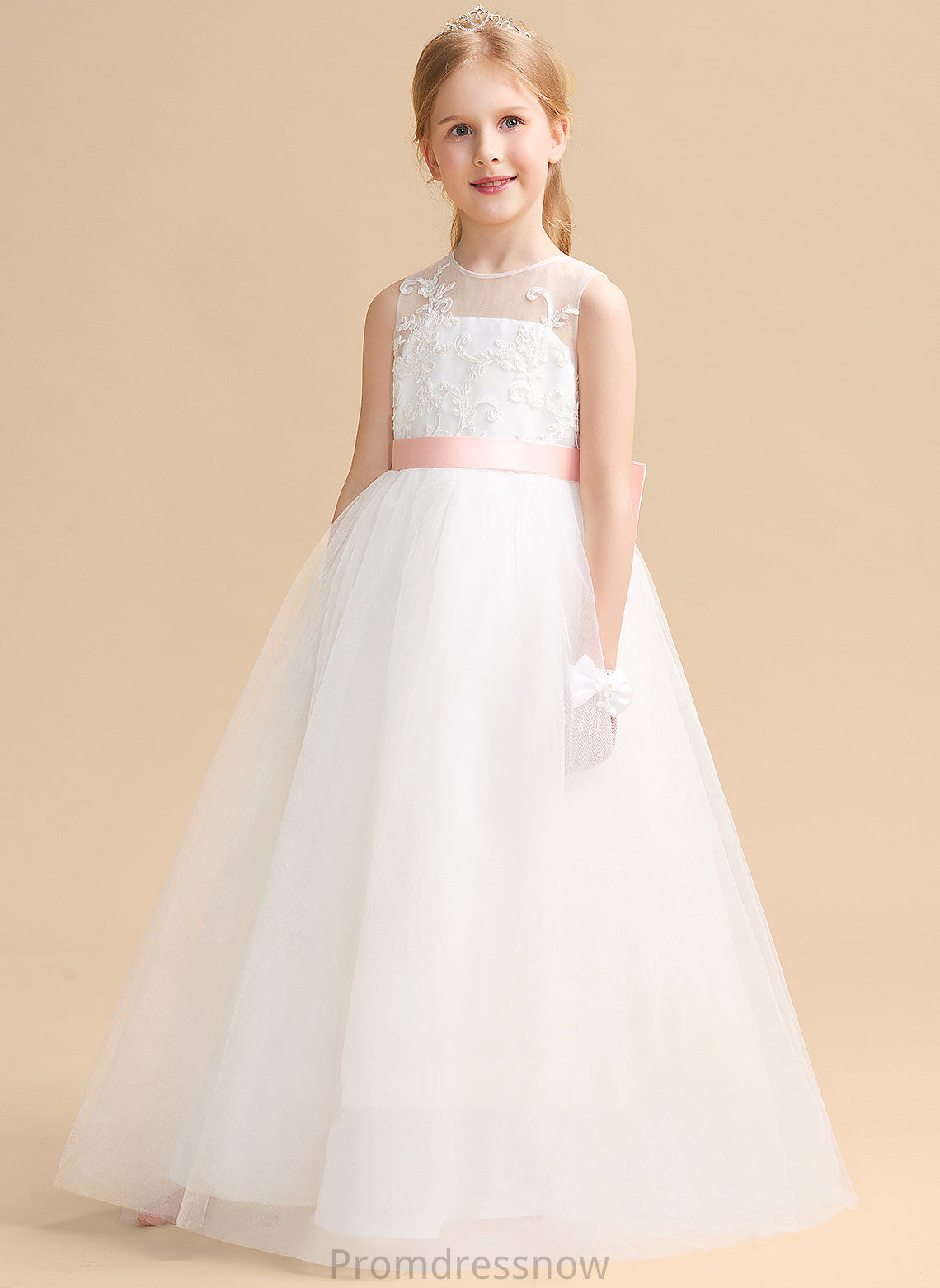 Satin/Tulle/Lace Scoop Neck - Girl Bow(s) Flower Girl Dresses Floor-length A-Line (Undetachable Dress Ayla Sleeveless With Flower sash)