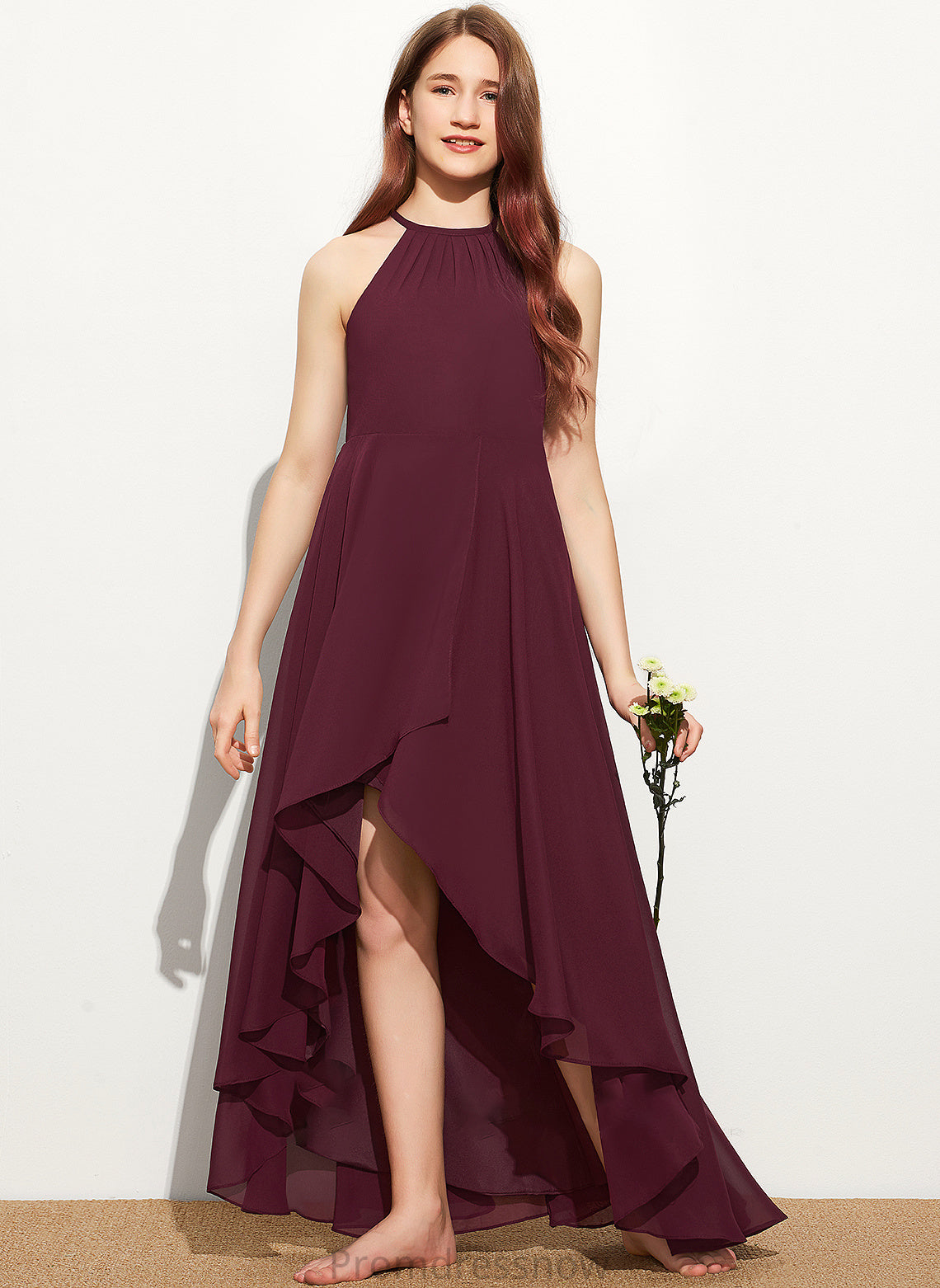 A-Line Ruffle Junior Bridesmaid Dresses Asymmetrical With Cameron Scoop Chiffon Neck