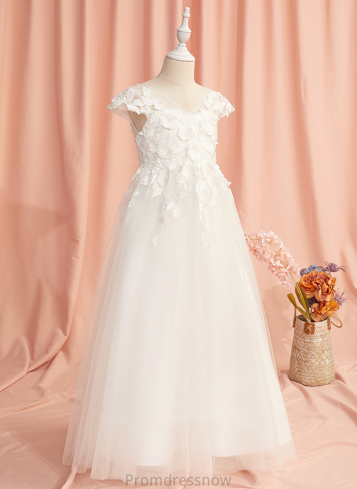 Flower Short With Dayanara Lace/Flower(s) A-Line V-neck Sleeves Dress Tulle - Floor-length Flower Girl Dresses Girl