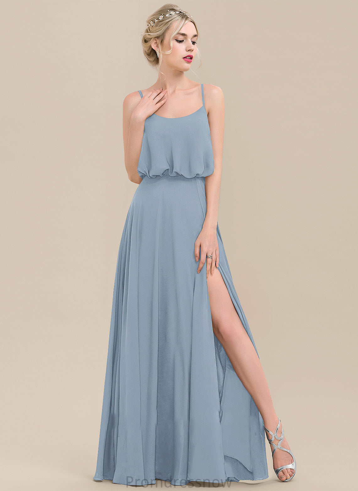 Silhouette Floor-Length Neckline Fabric SquareNeckline Length A-Line SplitFront Embellishment Abigail Spaghetti Staps Natural Waist Bridesmaid Dresses