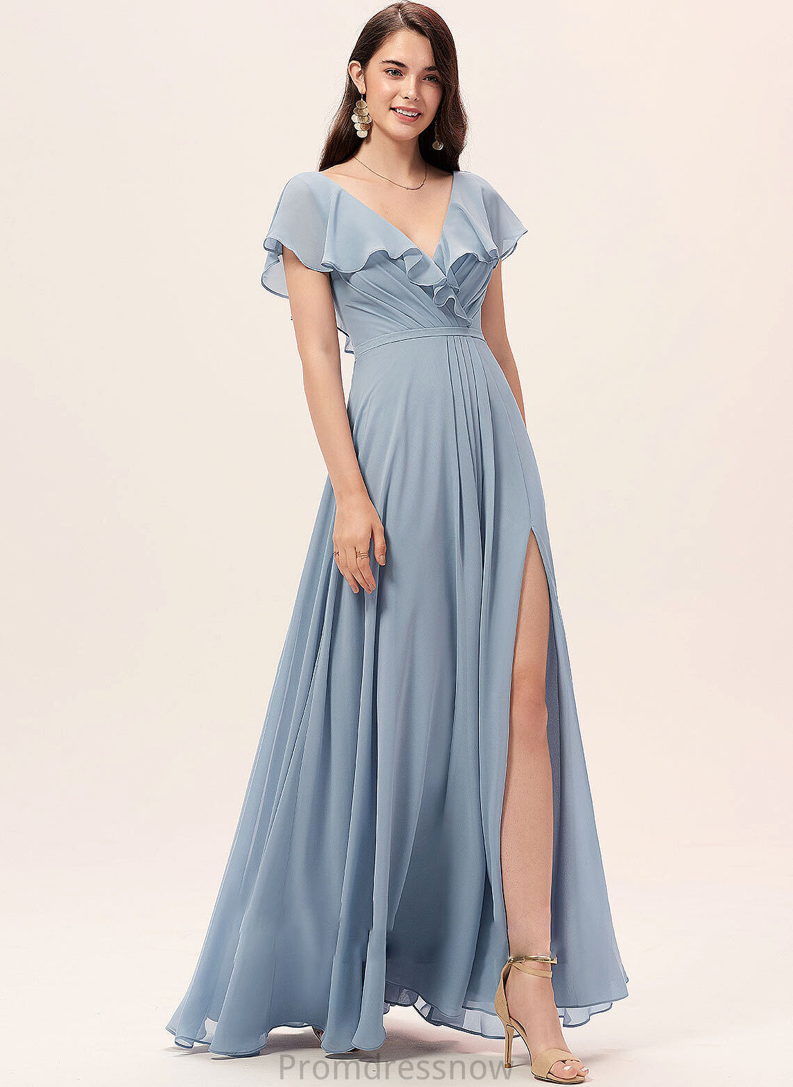 Floor-Length SplitFront Length Neckline Embellishment A-Line V-neck Silhouette Fabric Joy One Shoulder Natural Waist Bridesmaid Dresses