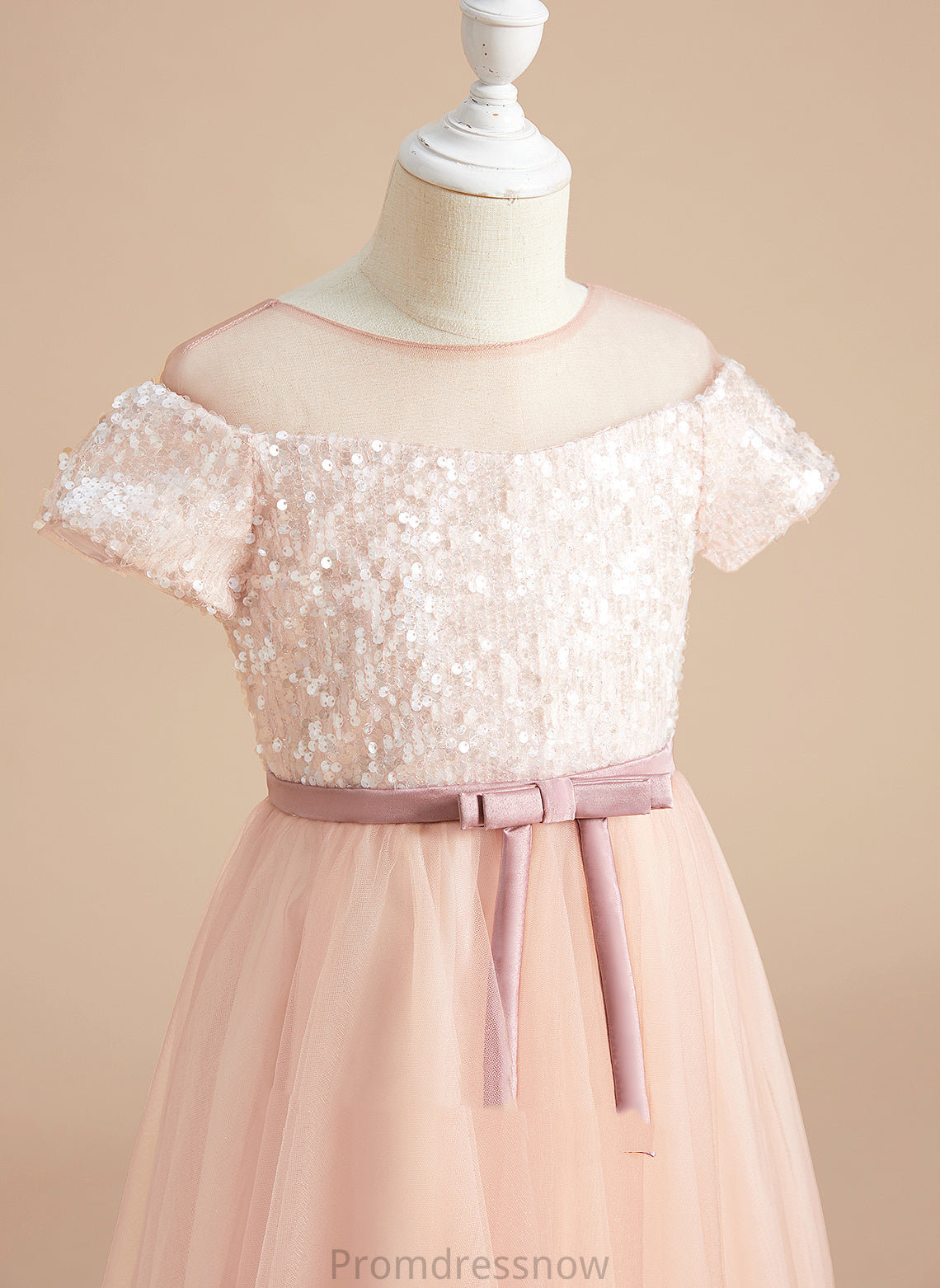 A-Line Tulle Sash/Bow(s) Neck Short Flower Girl Dresses Sleeves - Girl Tea-length Dress Michelle Scoop With Flower