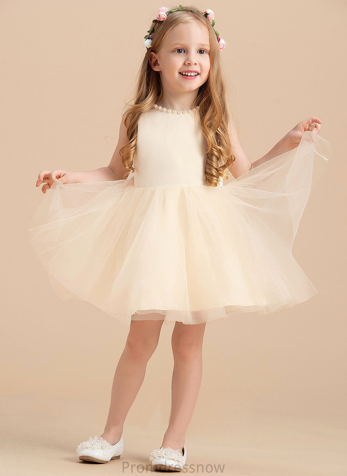 Flower Girl Dresses Knee-length - Scoop Beading Satin/Tulle Kaiya Dress Sleeveless Neck Flower A-Line With Girl