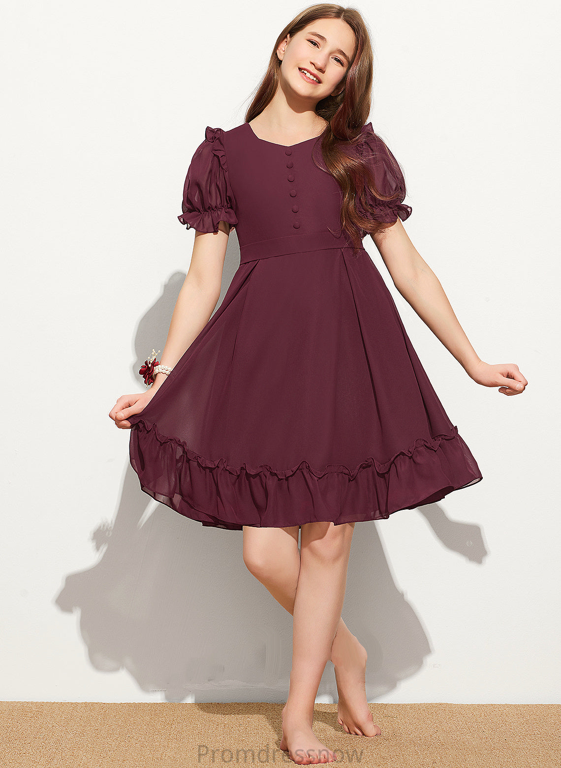 With Neck Paige A-Line Ruffles Knee-Length Junior Bridesmaid Dresses Chiffon Cascading Bow(s) Scoop