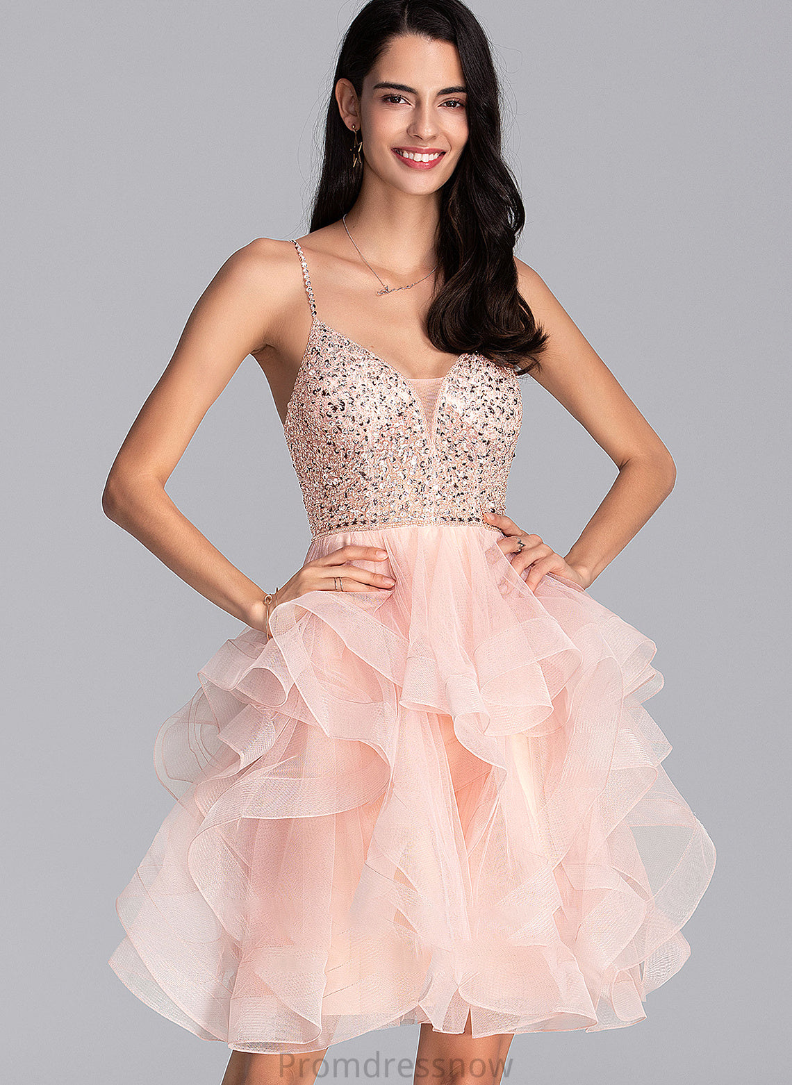 With Beading Tulle Mckenzie Prom Dresses V-neck Ball-Gown/Princess Knee-Length Sequins