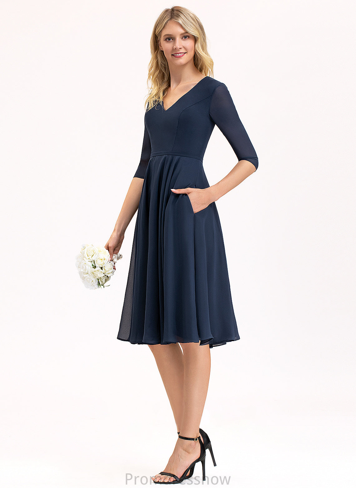 A-Line Knee-Length Fabric Neckline Silhouette Pockets V-neck Length Embellishment Eden V-Neck Floor Length Bridesmaid Dresses