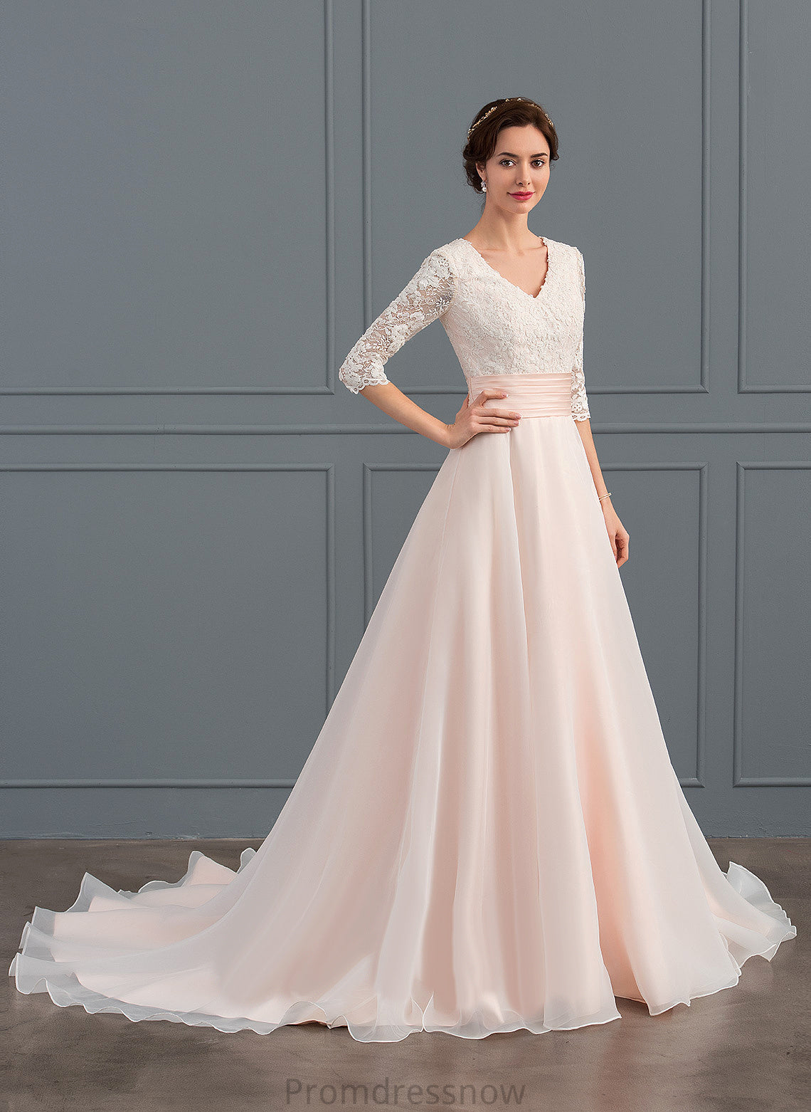 With V-neck Train Court Wedding Dresses Laci Lace Ball-Gown/Princess Organza Wedding Dress Ruffle