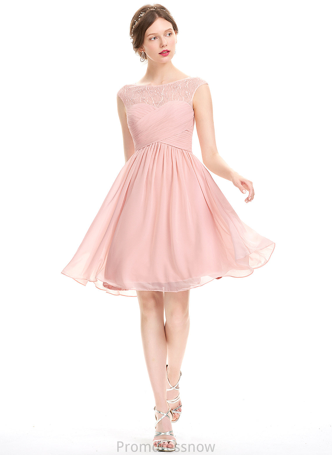 With Kaleigh Beading Scoop Neck Knee-Length Homecoming Dress Ruffle A-Line Homecoming Dresses Lace Chiffon