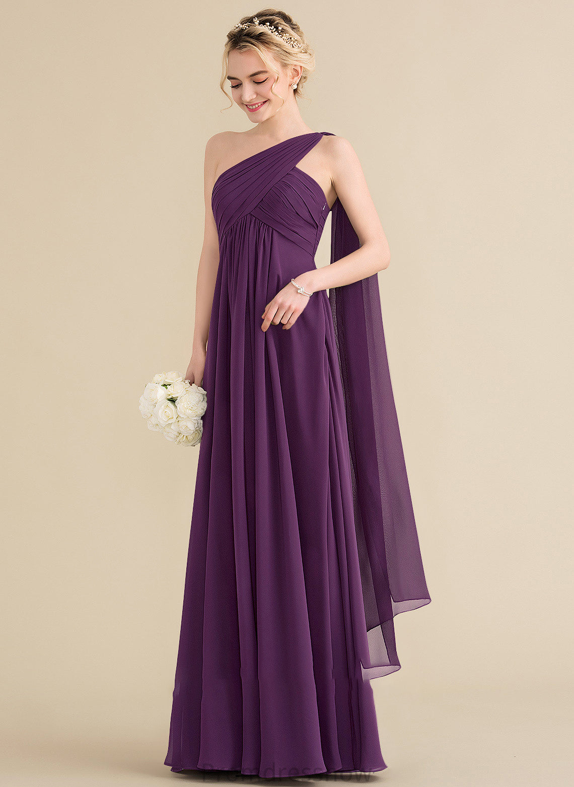 Silhouette Floor-Length Fabric One-Shoulder Length A-Line Neckline Ruffle Embellishment Alena Sleeveless Spaghetti Staps Bridesmaid Dresses