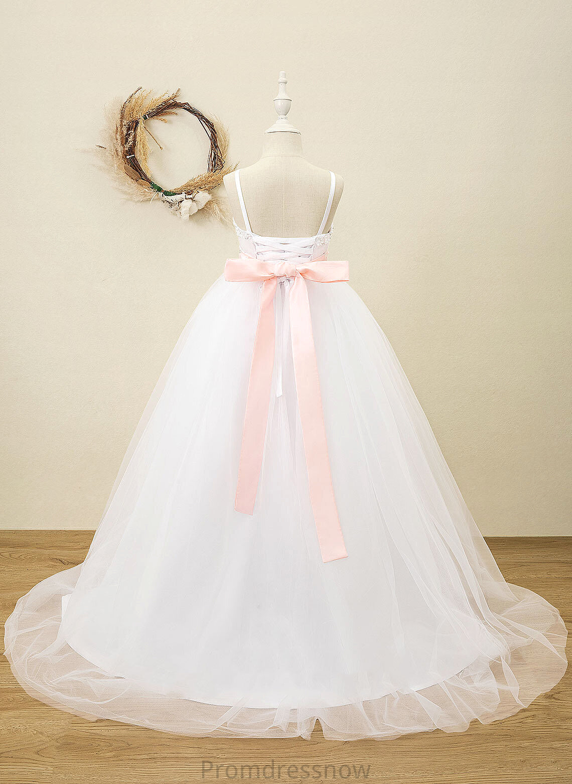 Flower Ball-Gown/Princess (Detachable Flower Girl Dresses - Satin Girl Sash/Rhinestone Floor-length Straps Dress Sleeveless sash) With Kay