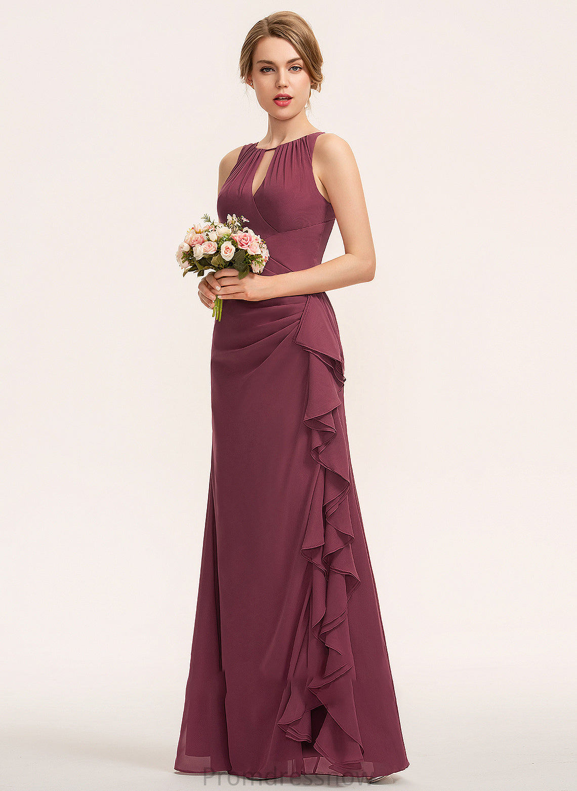 CascadingRuffles ScoopNeck Floor-Length Neckline A-Line Fabric SplitFront Embellishment Silhouette Length Shyann Sleeveless Bridesmaid Dresses