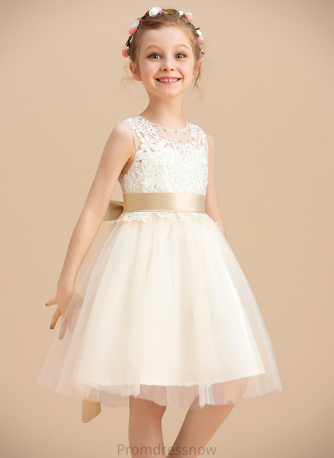 A-Line With Dress Knee-length Anastasia Sleeveless Sash/Beading/Back Flower Neck sash) (Detachable Scoop - Girl Flower Girl Dresses Tulle/Lace Hole