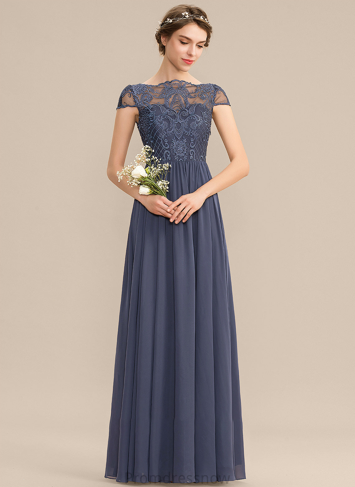 A-Line Silhouette Fabric Neckline Lace Floor-Length Length Straps ScoopNeck Frederica Natural Waist V-Neck Bridesmaid Dresses