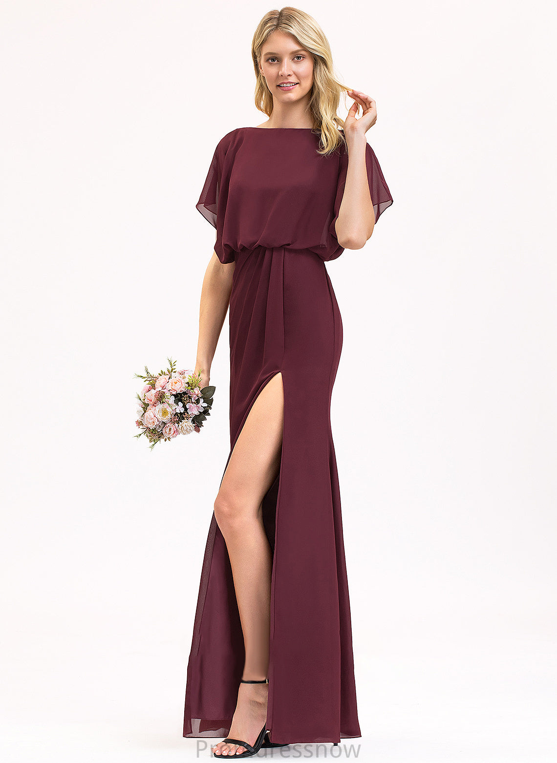 Length SplitFront Sheath/Column Fabric Embellishment Floor-Length Neckline Ruffle ScoopNeck Silhouette Camila Sleeveless Bridesmaid Dresses