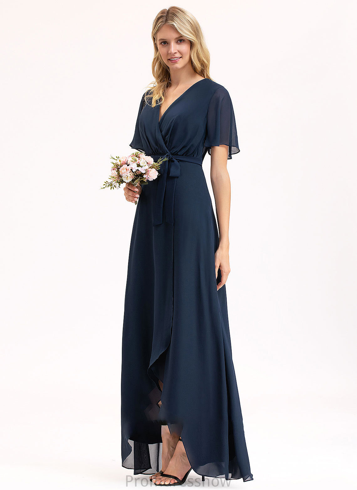 A-Line Neckline Fabric Embellishment Asymmetrical Length Silhouette Bow(s) V-neck Kennedi V-Neck Knee Length Bridesmaid Dresses