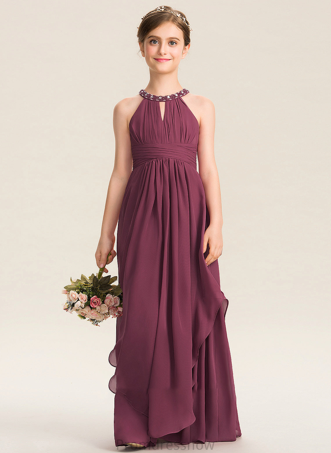 With Rachael Junior Bridesmaid Dresses Scoop A-Line Ruffle Beading Floor-Length Chiffon Neck