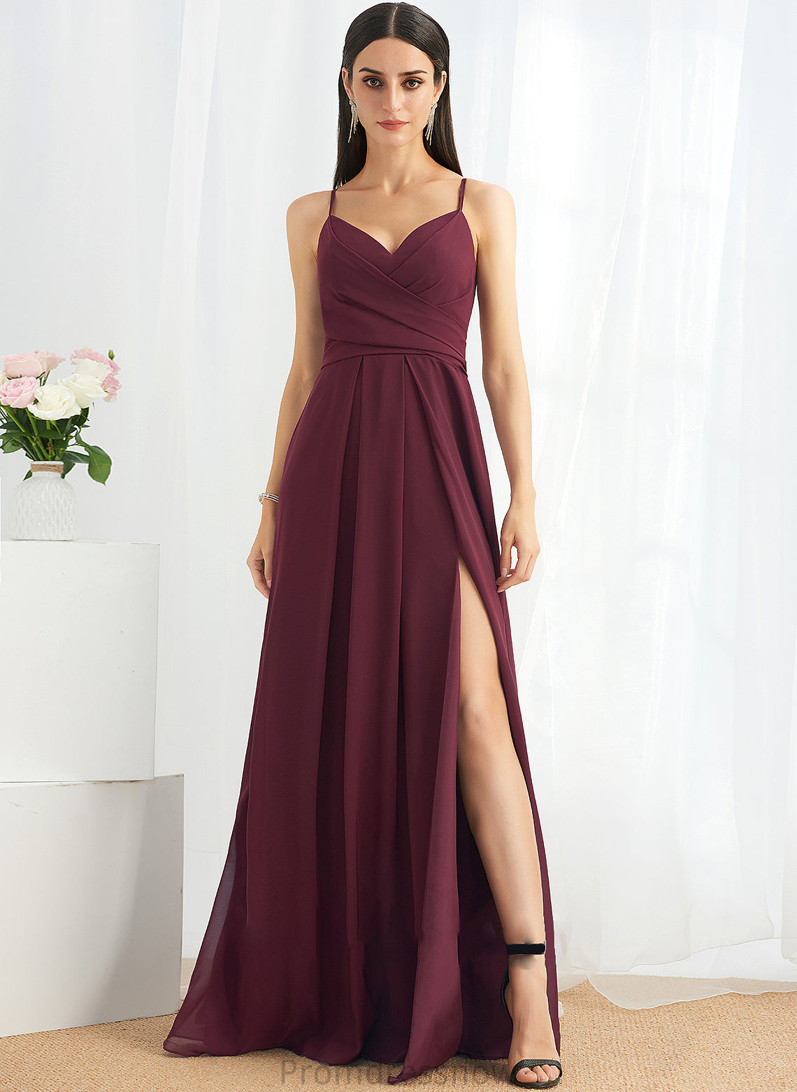 A-Line Embellishment SplitFront Fabric Floor-Length Silhouette V-neck Ruffle Length Neckline Talia V-Neck Bridesmaid Dresses