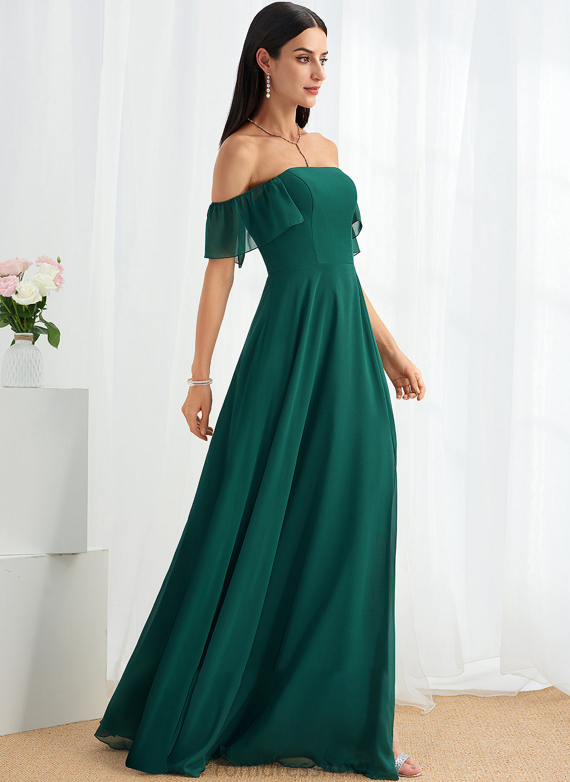 Floor-Length Neckline Length Off-the-Shoulder Embellishment SplitFront Silhouette Fabric A-Line Zaria Sleeveless Floor Length Bridesmaid Dresses