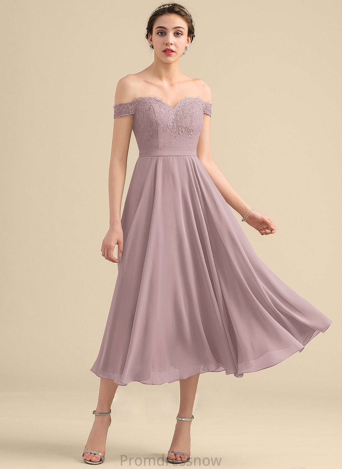 Neckline A-Line Beading Off-the-Shoulder Tea-Length Sequins Embellishment Fabric Length Silhouette Valeria V-Neck Bridesmaid Dresses