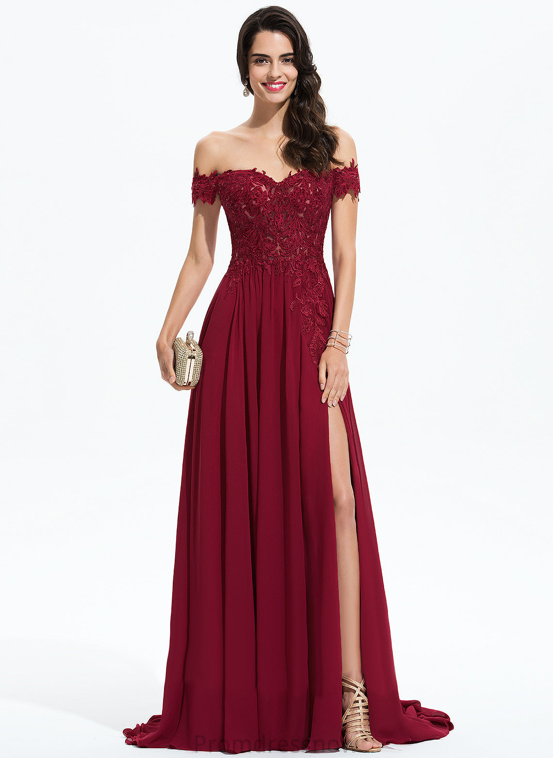 With Sequins Train Off-the-Shoulder Sweep A-Line Prom Dresses Chiffon Karissa