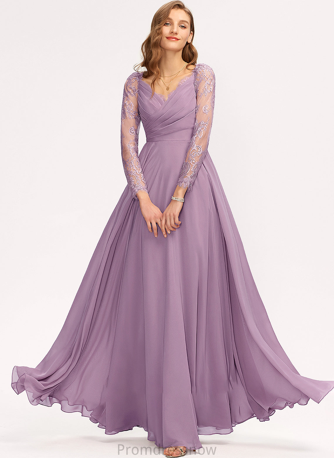 Length A-Line Straps V-neck Floor-Length Fabric Lace Silhouette Neckline Ayla A-Line/Princess Natural Waist Bridesmaid Dresses