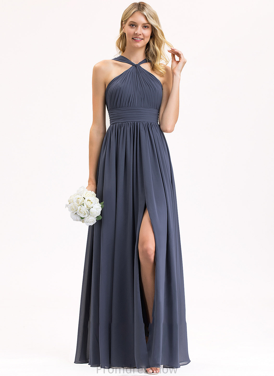 Silhouette A-Line Fabric SplitFront Embellishment Length Ruffle Floor-Length V-neck Neckline Miya Natural Waist Bridesmaid Dresses