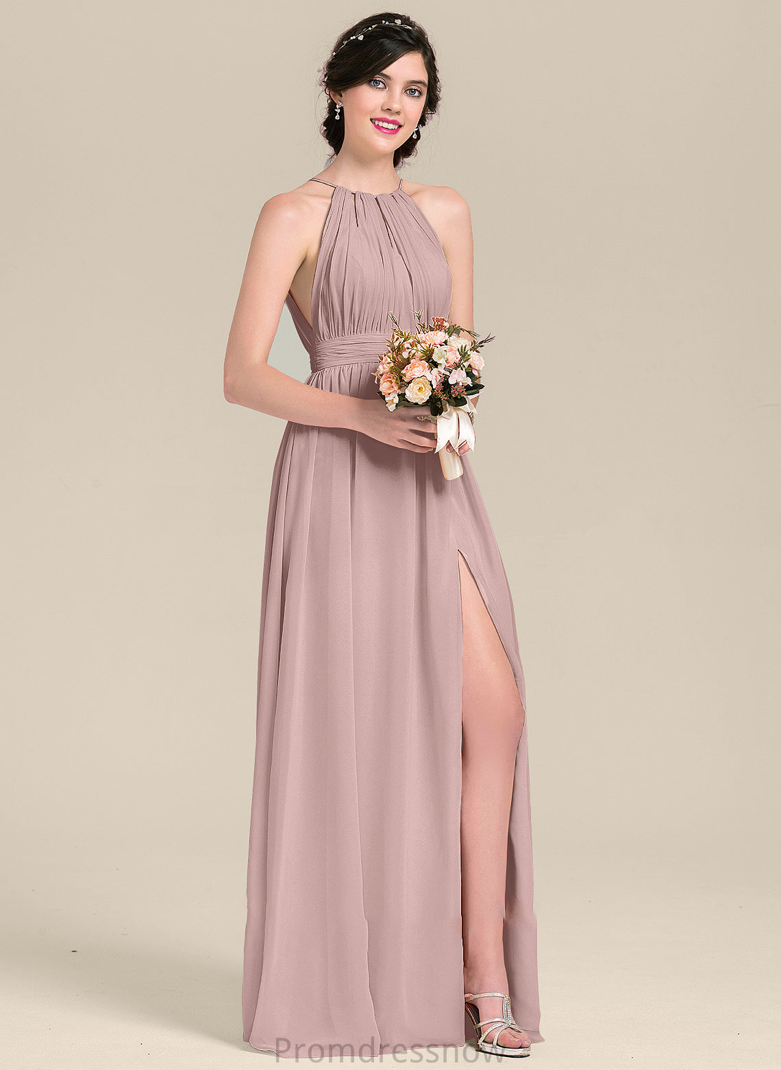 A-Line SplitFront Ruffle Length Silhouette Floor-Length Embellishment Fabric Bow(s) Neckline ScoopNeck Kamila Bridesmaid Dresses