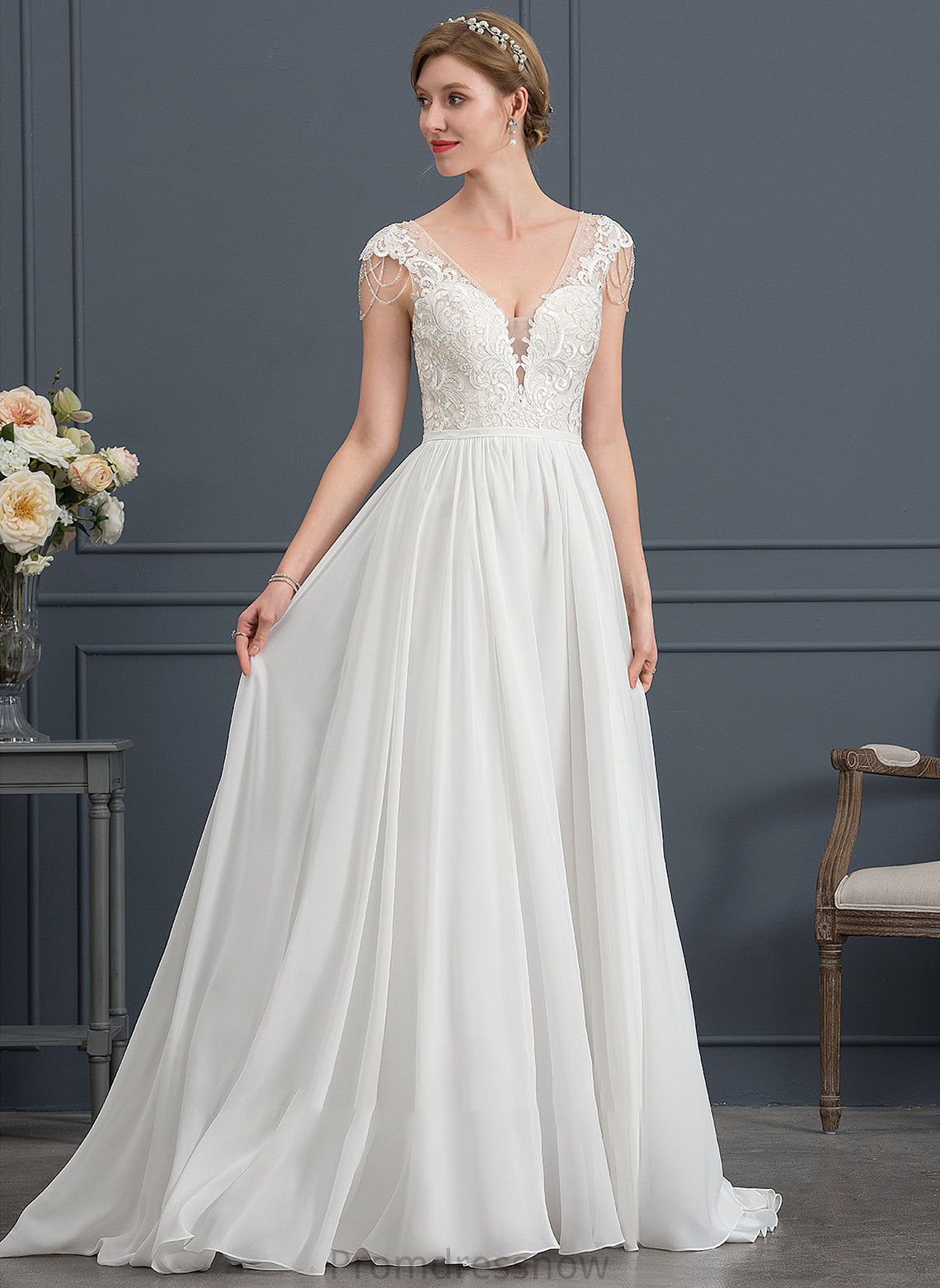 With Sequins Chiffon Wedding A-Line Sweep Beading Mylie V-neck Dress Train Wedding Dresses