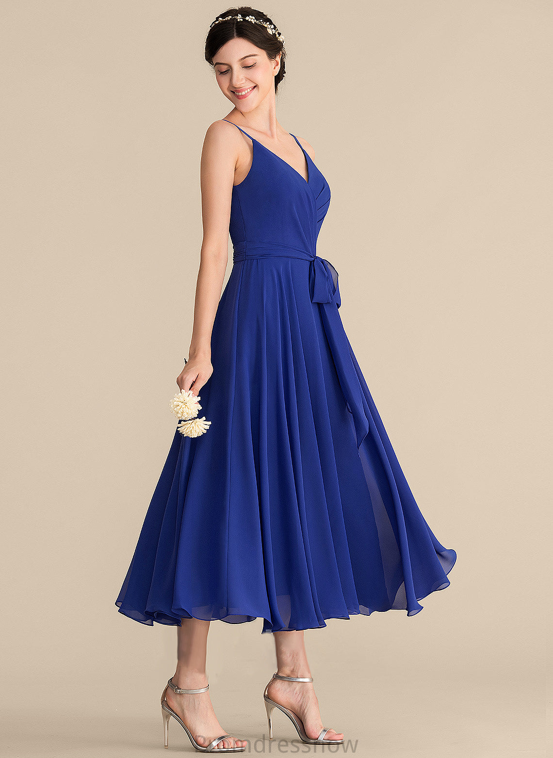 V-neck Bow(s) Ruffle Tea-Length A-Line Length Embellishment Fabric Neckline Silhouette Millicent A-Line/Princess Bridesmaid Dresses