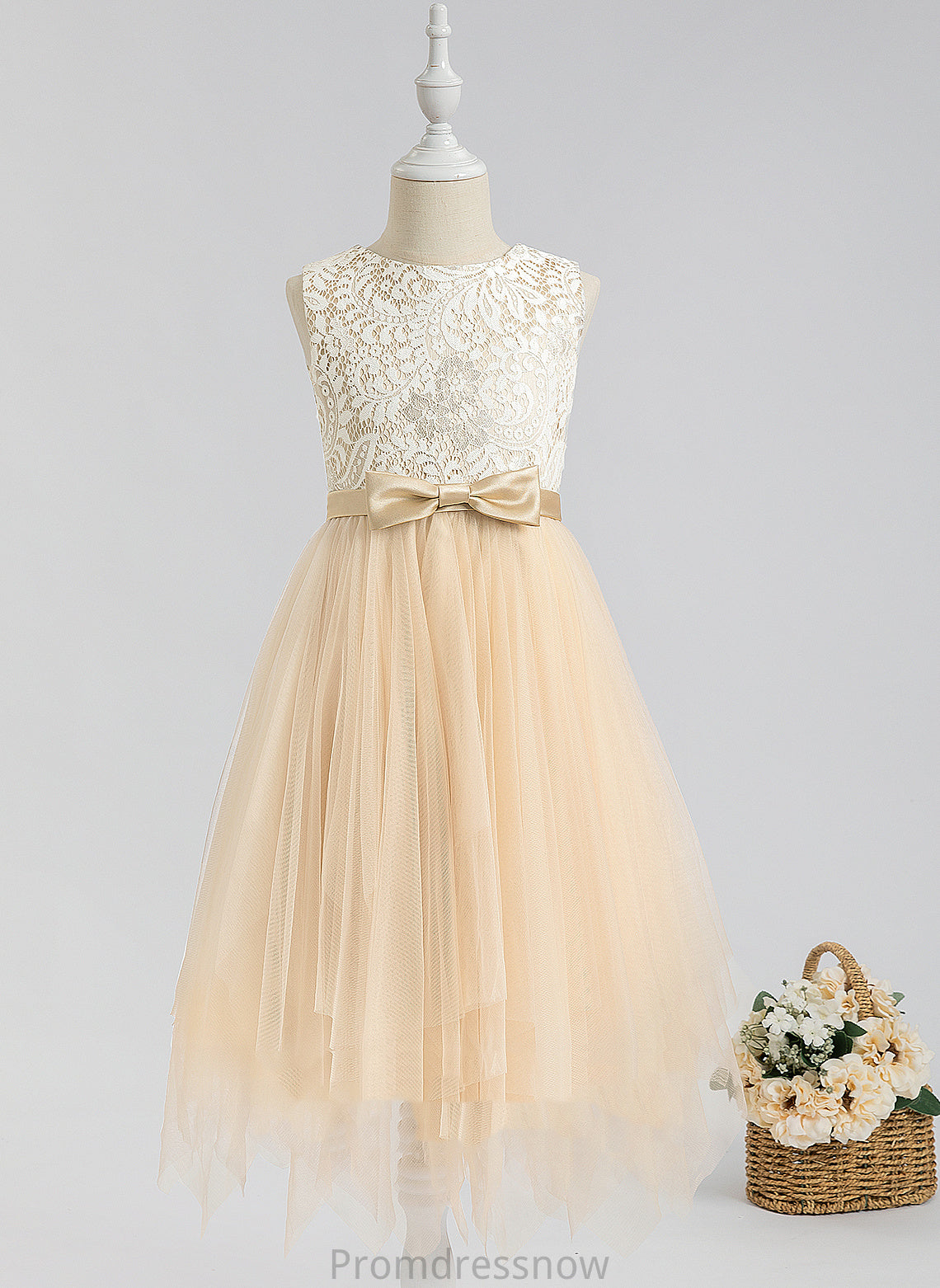 Dress Lace/Bow(s) With Flower Flower Girl Dresses - Neck Scalloped Tulle Sleeveless Girl Mckenna Tea-length A-Line