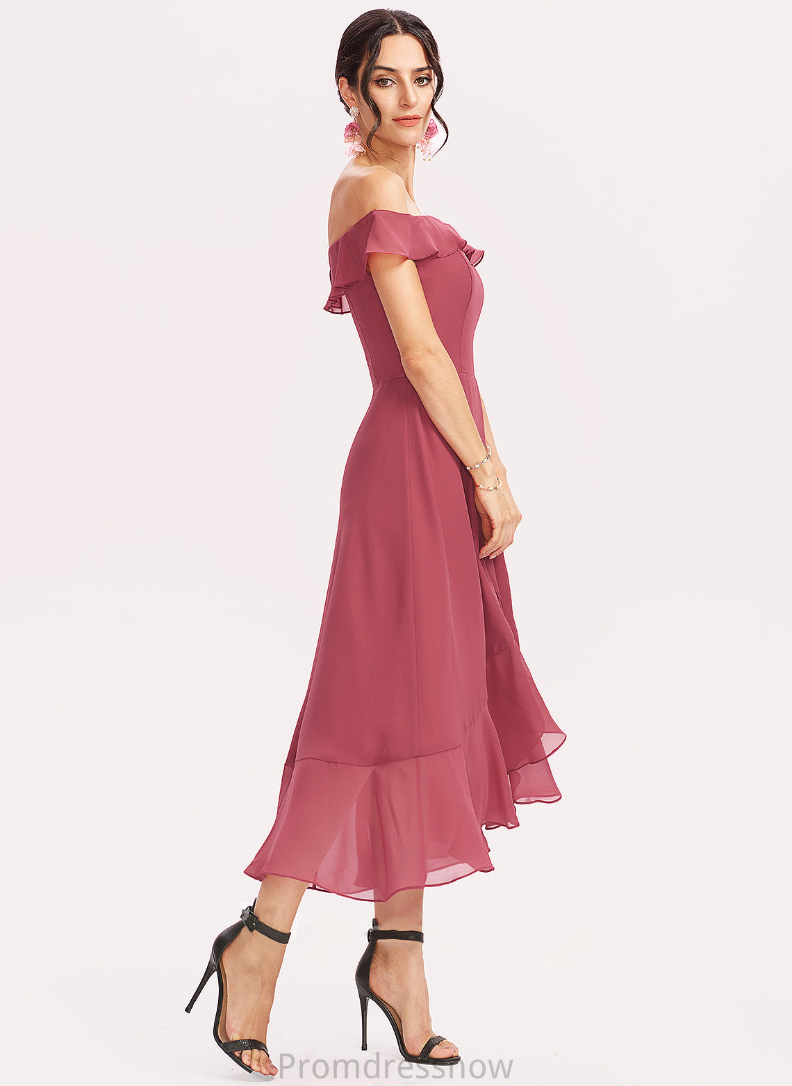 Off-the-Shoulder Fabric Tea-Length A-Line Length CascadingRuffles Neckline Embellishment Silhouette Yasmin A-Line/Princess Natural Waist Bridesmaid Dresses