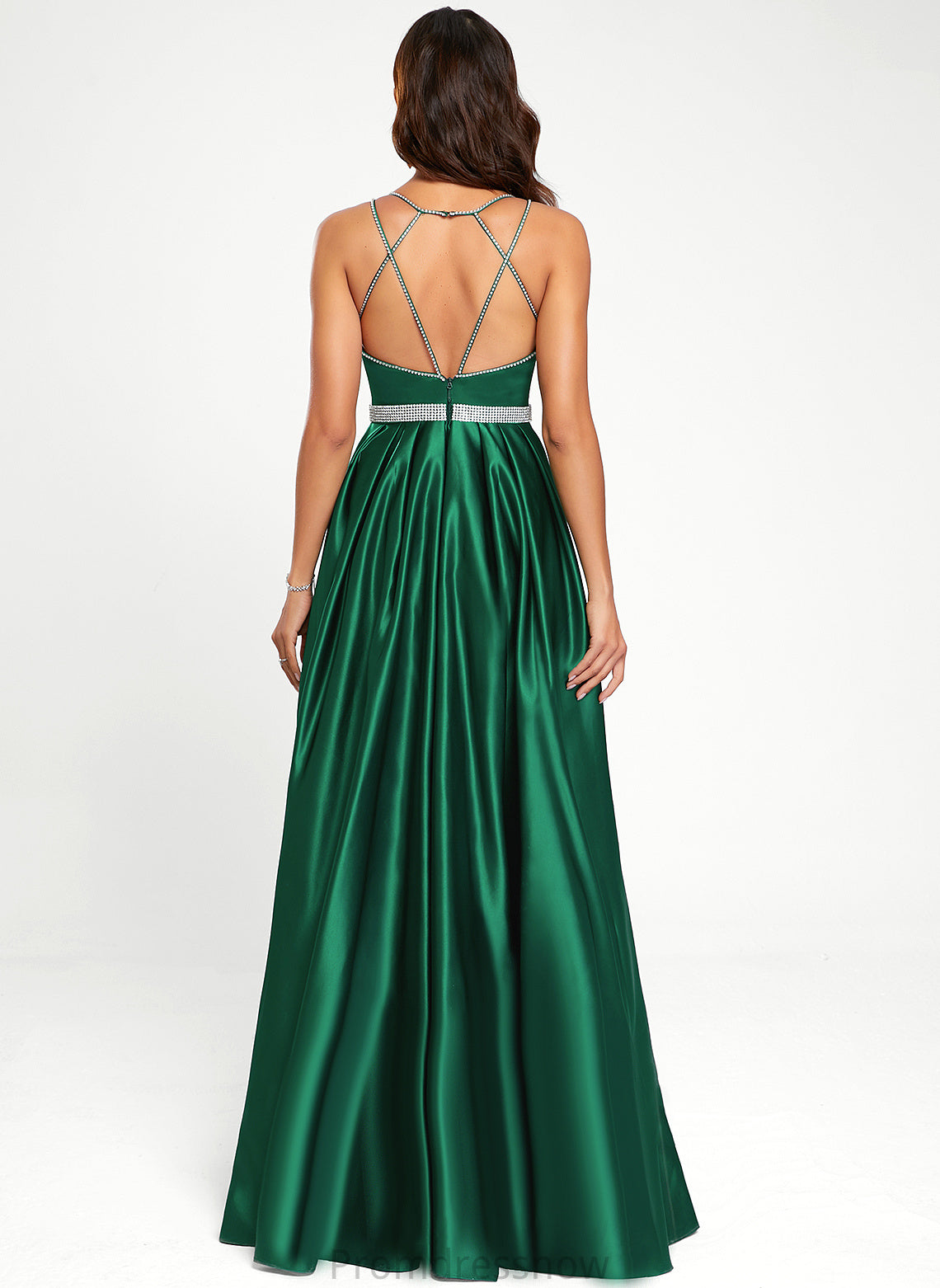 With Beading A-Line Floor-Length Prom Dresses V-neck Jazmin Satin