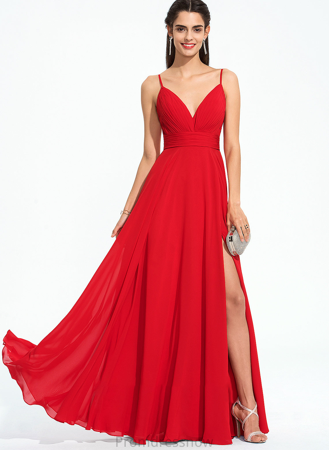 With Split Chiffon Prom Dresses Front A-Line V-neck Gwendoline Floor-Length Ruffle