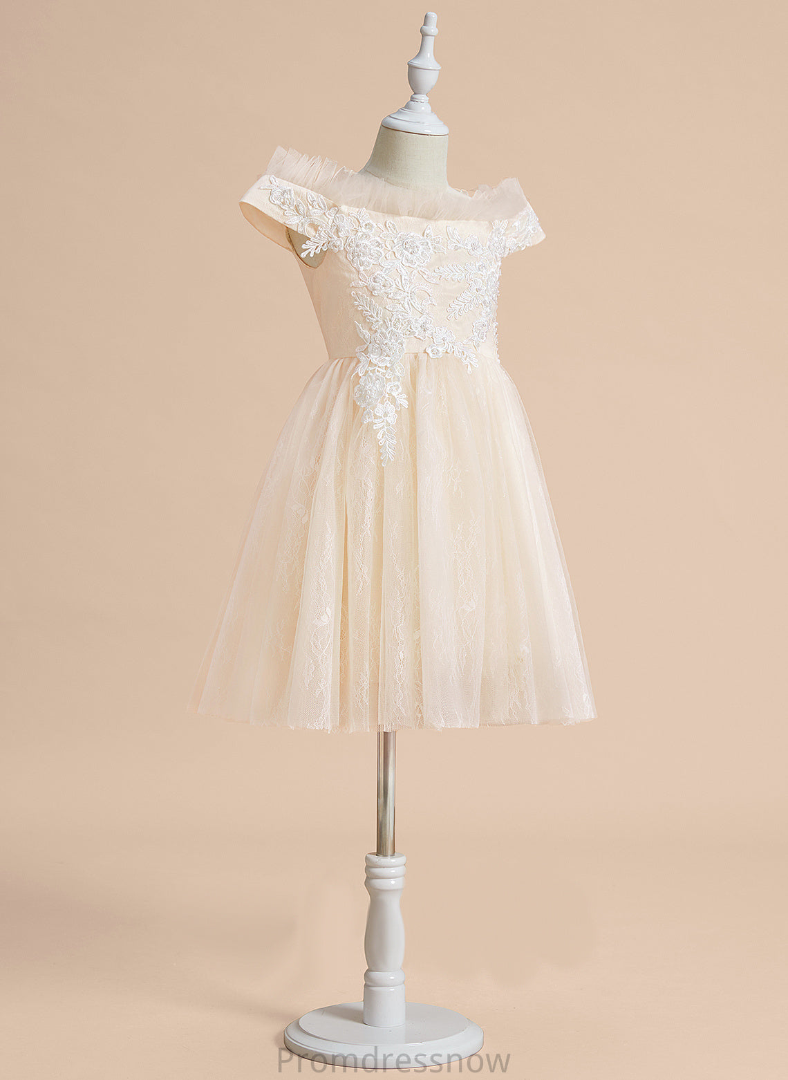 A-Line Tulle Sleeveless Knee-length Lace Flower Girl Dresses Lailah Off-the-Shoulder With - Flower Girl Dress