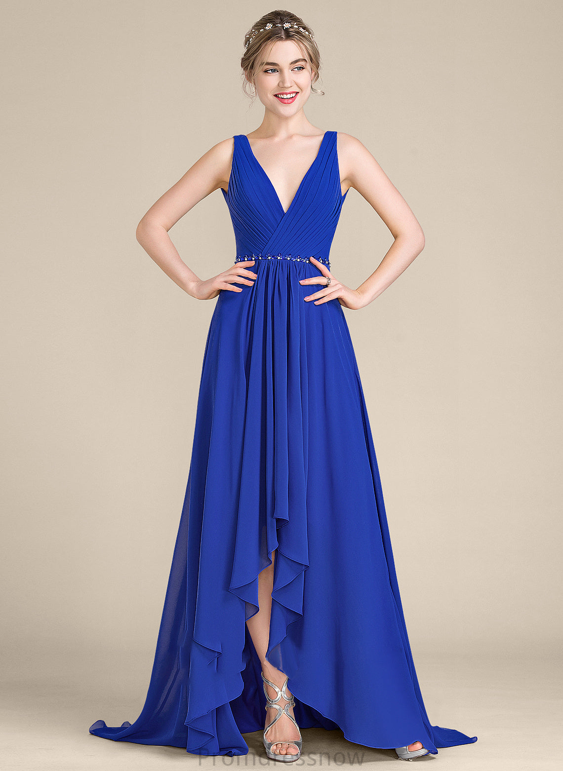 Sequins Embellishment Length Asymmetrical Silhouette V-neck A-Line Ruffle Fabric Beading Neckline Thelma Bridesmaid Dresses