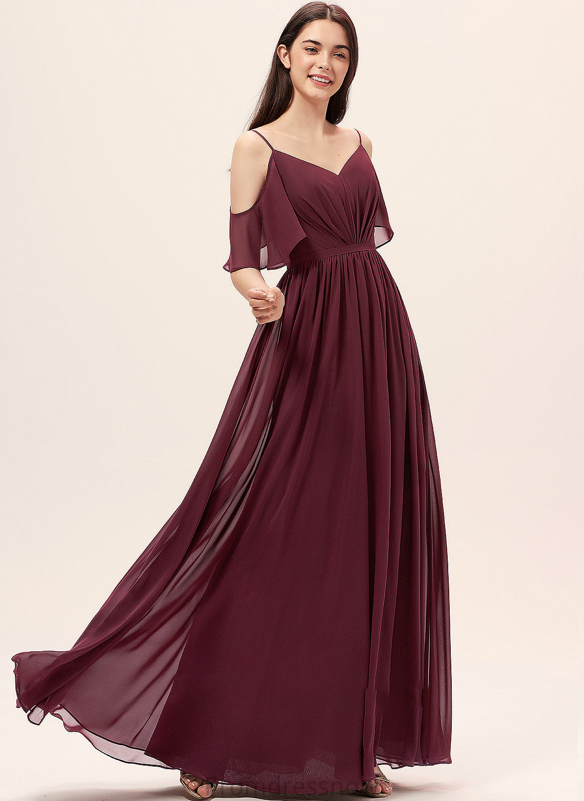 Fabric Silhouette Length Floor-Length V-neck Neckline Embellishment A-Line Ruffle Nicola Floor Length A-Line/Princess Bridesmaid Dresses