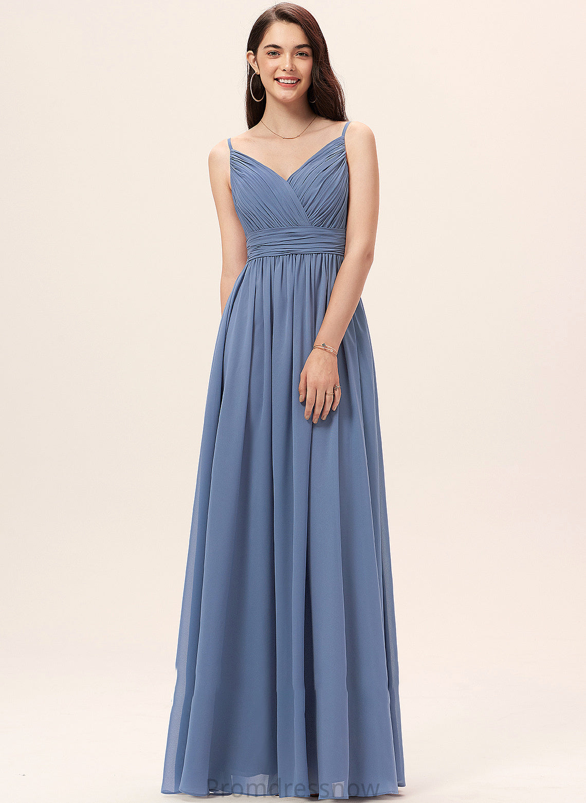 Floor-Length Length Fabric Silhouette V-neck A-Line Neckline Straps Thea Sleeveless Natural Waist Floor Length Bridesmaid Dresses