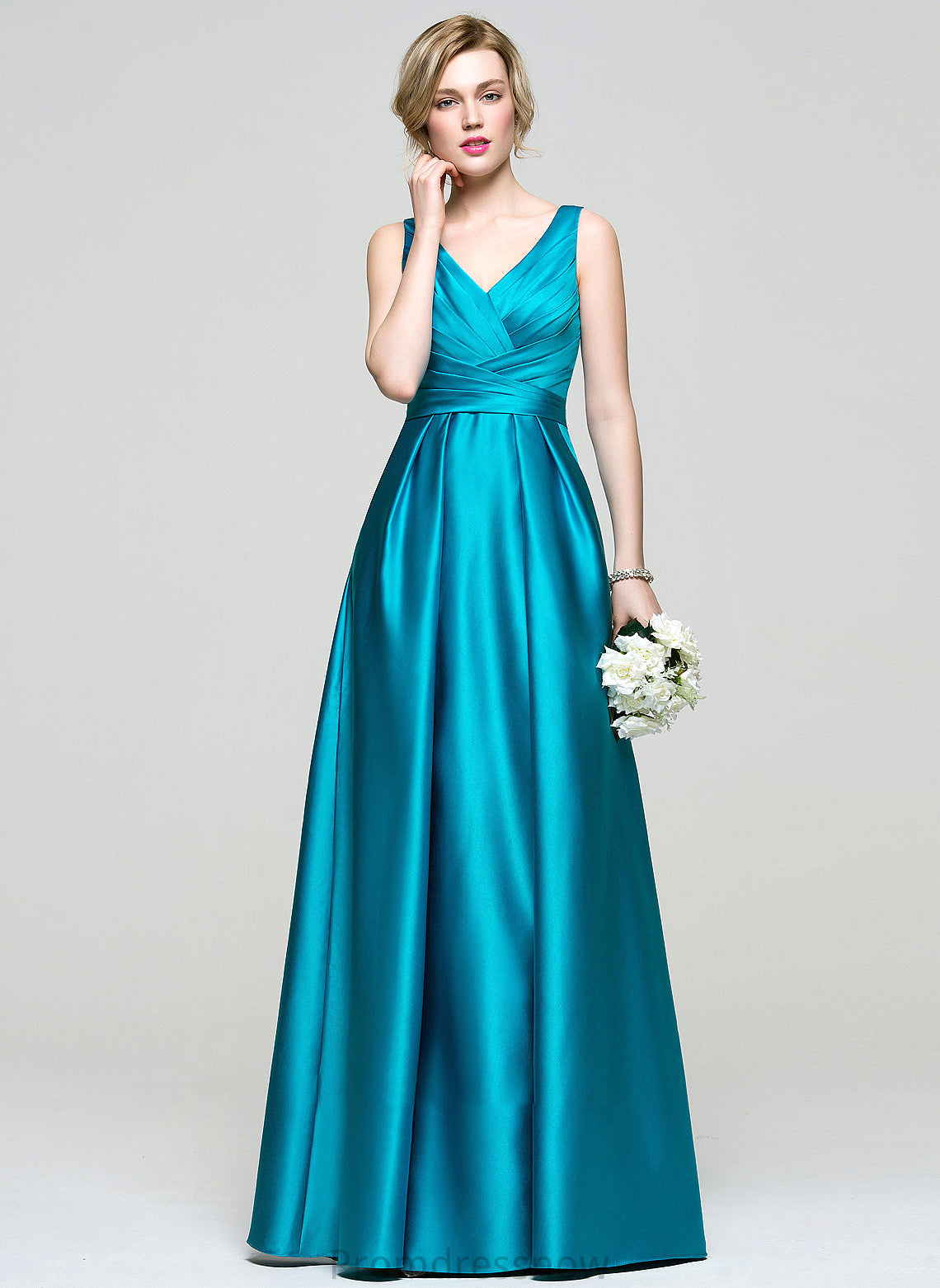 With V-neck Ball-Gown/Princess Prom Dresses Satin Silvia Pockets Floor-Length Ruffle