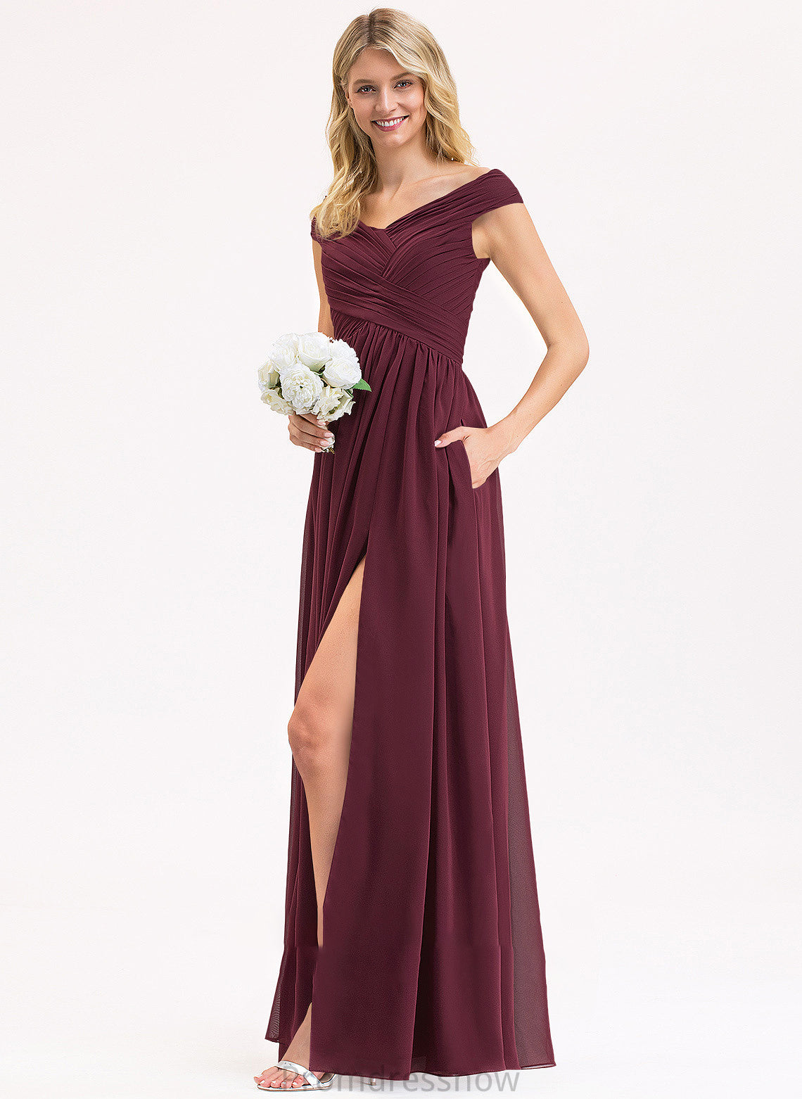 SplitFront Ruffle A-Line Silhouette Floor-Length Off-the-Shoulder Pockets Embellishment Neckline Length Fabric Micaela Bridesmaid Dresses