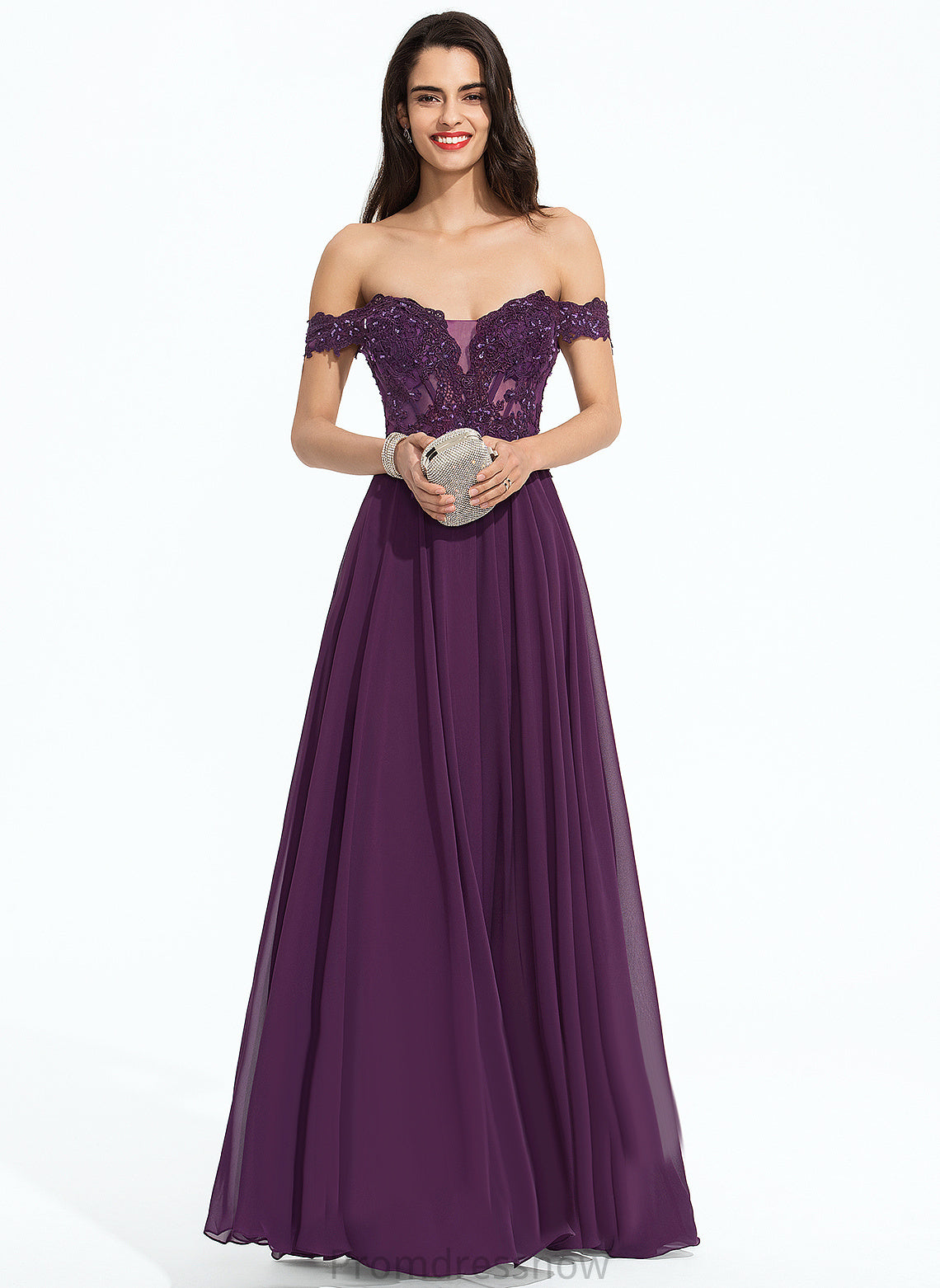 With Ball-Gown/Princess Off-the-Shoulder Sequins Lace Beading Floor-Length Prom Dresses Aryanna Chiffon