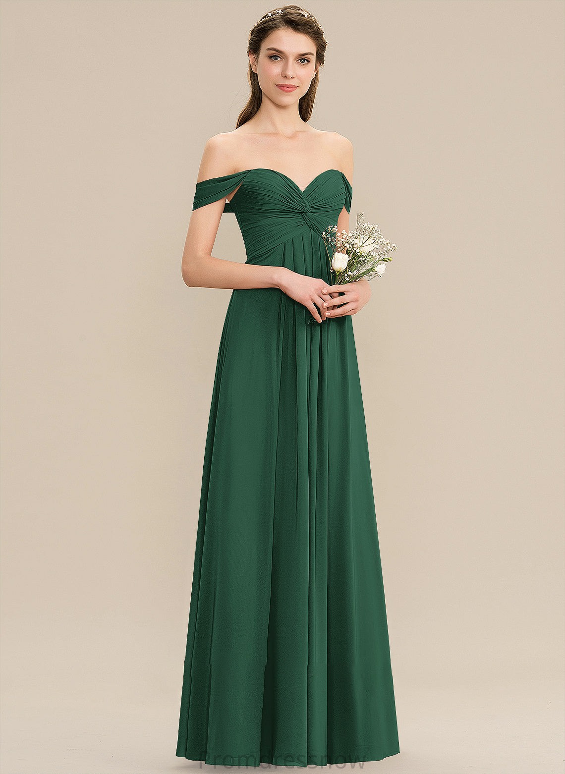 Ruffle Neckline Floor-Length Length Silhouette Embellishment Fabric A-Line Off-the-Shoulder Pauline V-Neck Natural Waist Bridesmaid Dresses