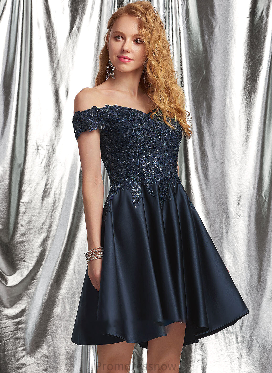 With A-Line Satin Short/Mini Off-the-Shoulder Prom Dresses Sequins Lace Hedda