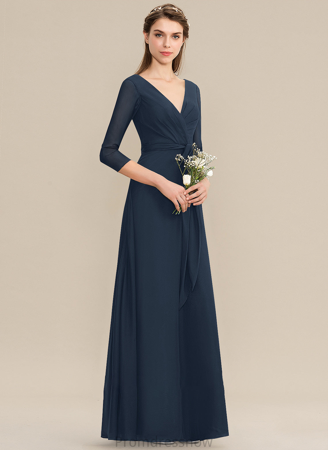 A-Line Length Ruffle Neckline Silhouette V-neck Bow(s) Fabric Embellishment Floor-Length Mattie Halter Bridesmaid Dresses