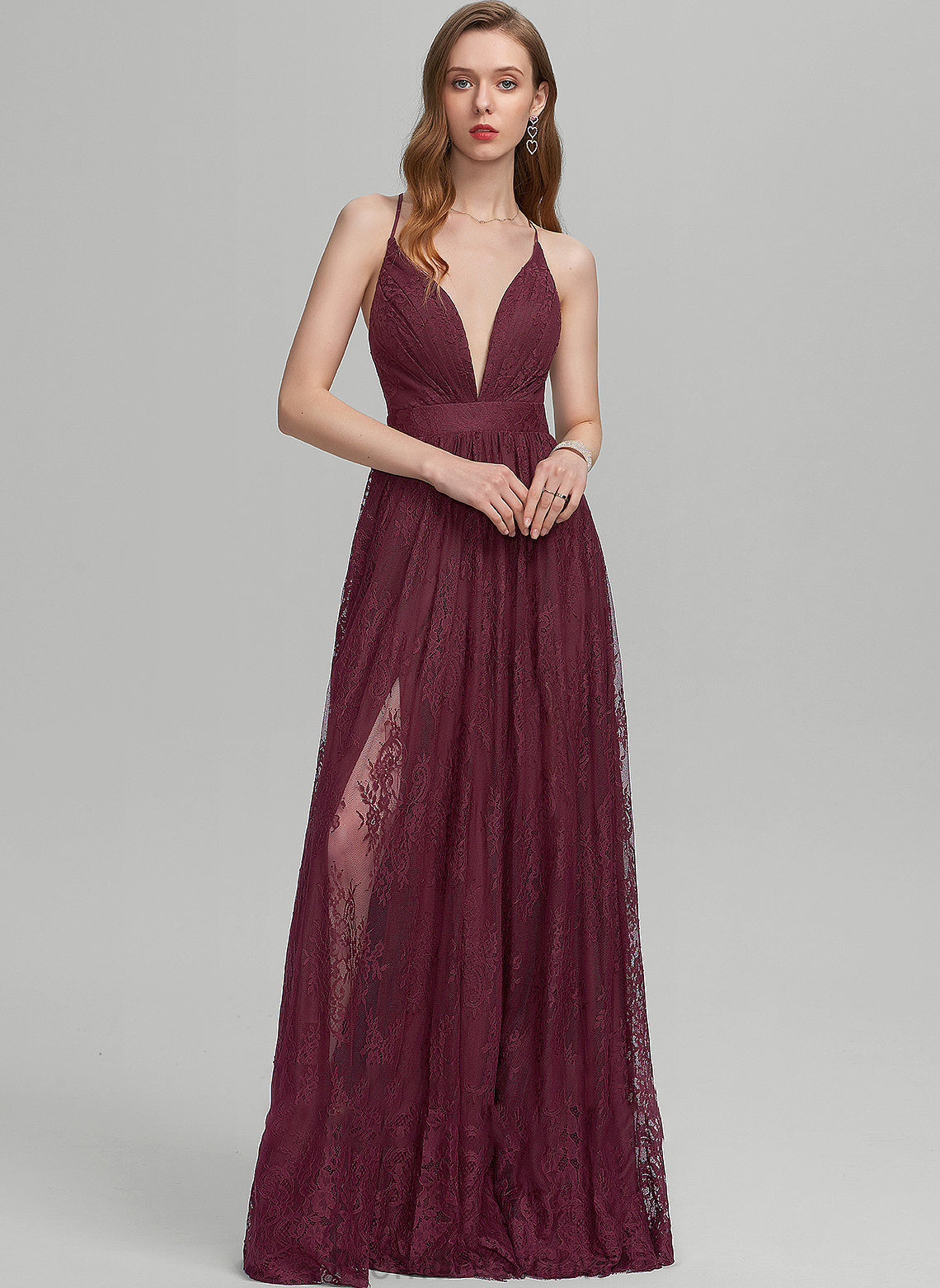 With Floor-Length A-Line Lace Prom Dresses V-neck Split Front Lila