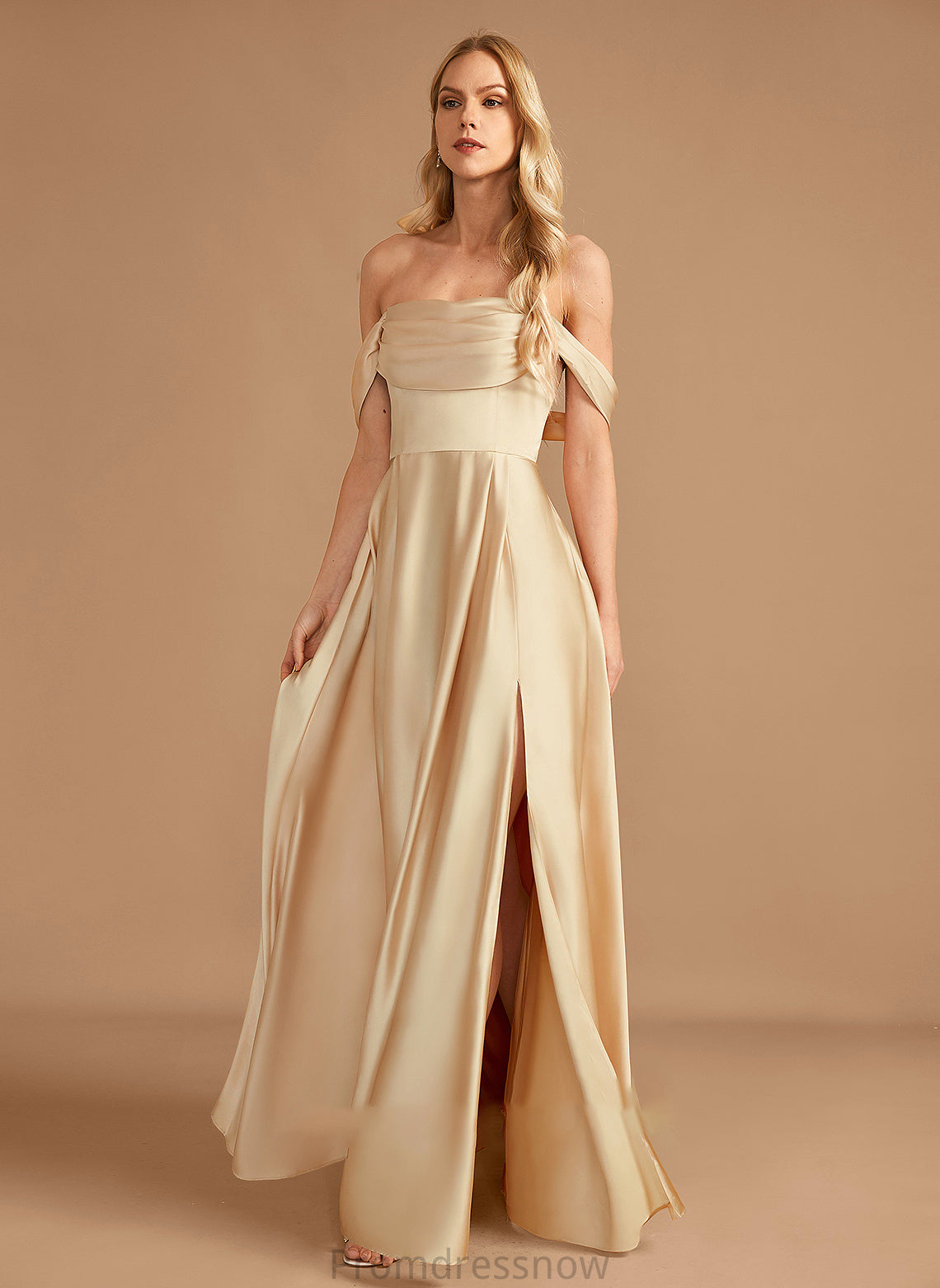 Neckline SplitFront A-Line Floor-Length Fabric Silhouette Length Pockets Off-the-Shoulder Embellishment Brianna Sleeveless Bridesmaid Dresses