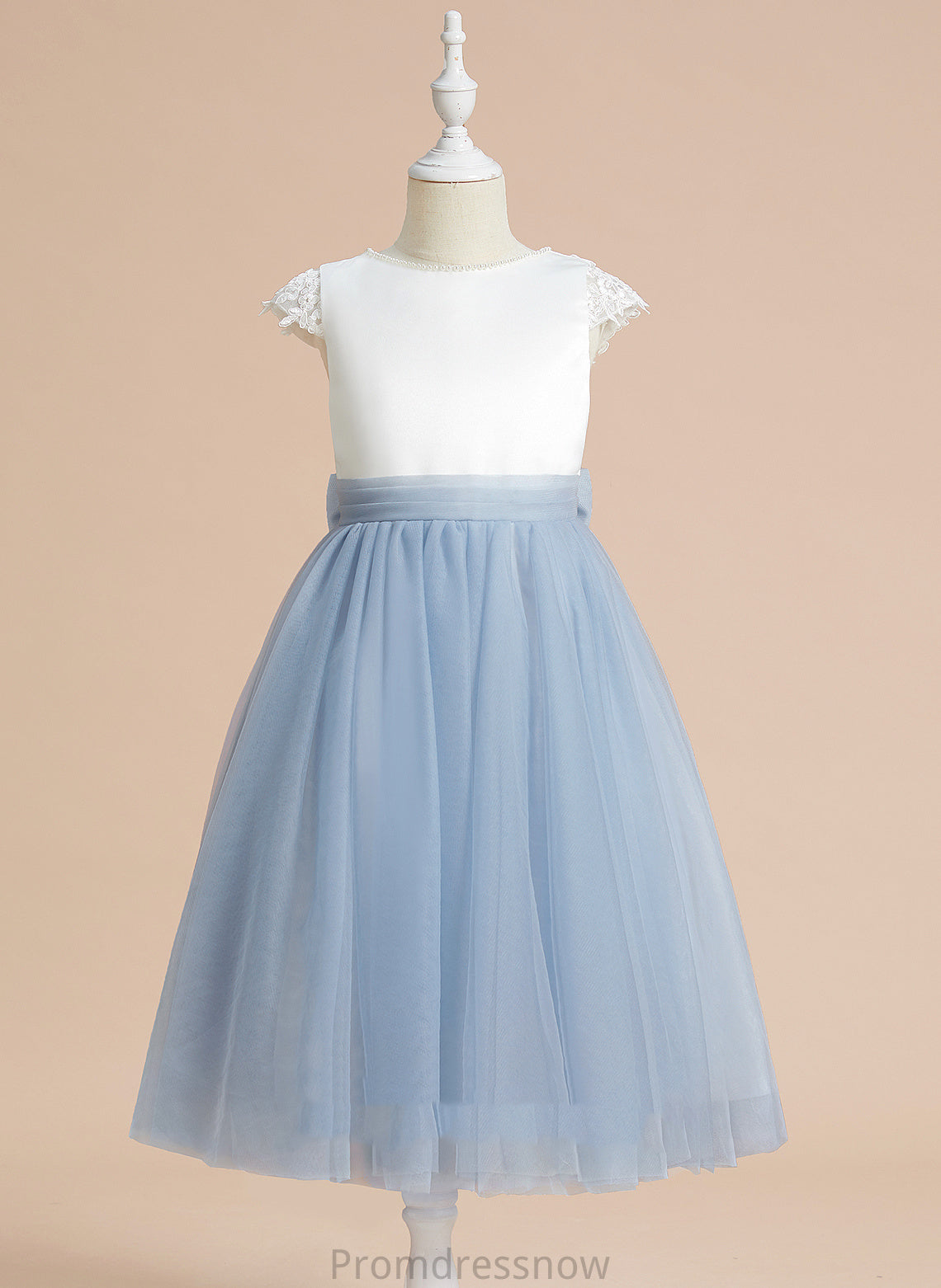 Dress - Flower Lace/Bow(s) Girl With Scoop Neck Tea-length Satin/Tulle Sleeveless A-Line Dayana Flower Girl Dresses