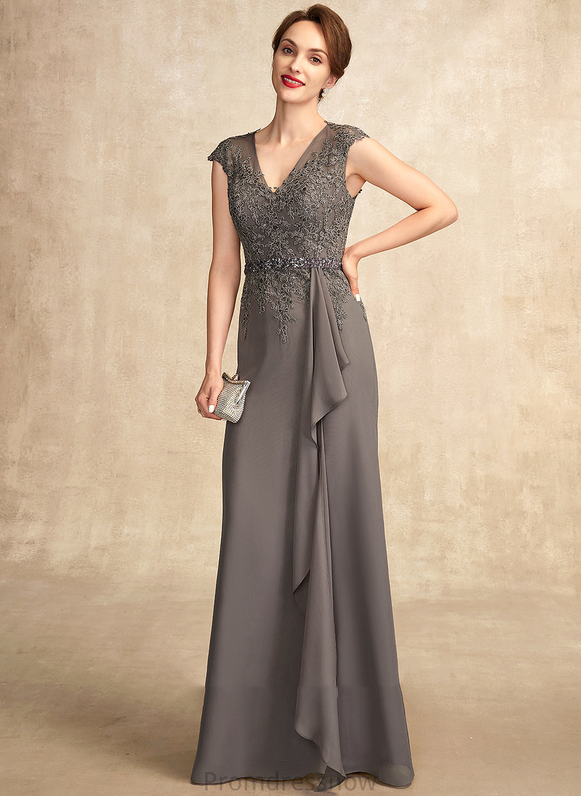 Floor-Length Mother Mother of the Bride Dresses A-Line Beading Dress the Lace Bride With Ruffles Melissa of Cascading Chiffon V-neck Sequins