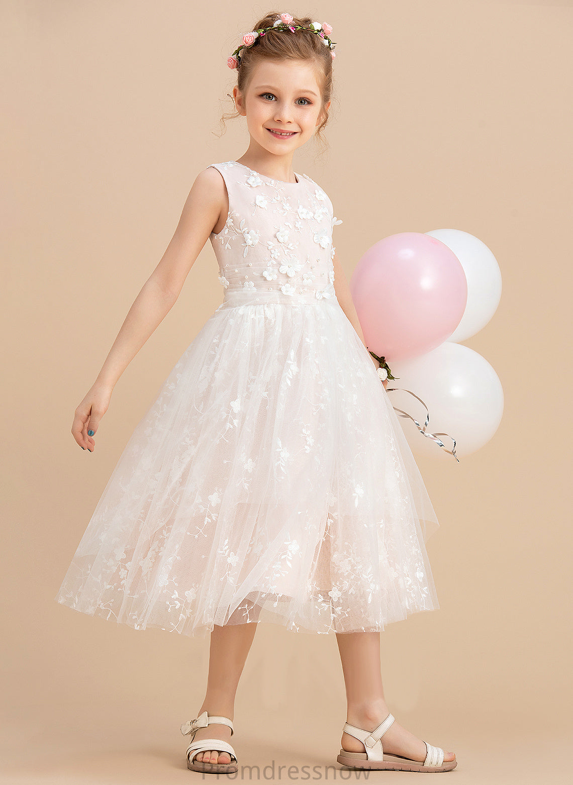 Dress Tea-length Sleeveless With Neck - Flower Girl Dresses Tulle/Lace Flower Chaya Scoop A-Line Beading/Flower(s) Girl