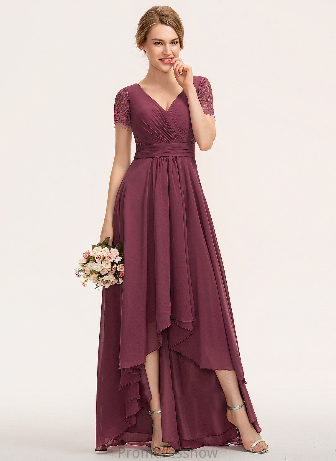 Ruffle Silhouette V-neck Fabric A-Line Embellishment Neckline Length Asymmetrical Aria Natural Waist Sleeveless Bridesmaid Dresses